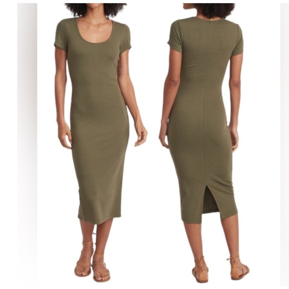 Marine Layer Women Large Ribbed Midi Dress Olive Green‎ Scoop Neck 14357 Casual